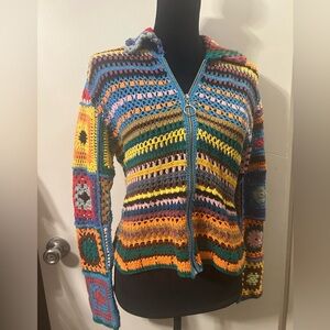 Vintage EXPRESS TriCot Medium Sweater Womens Multicolor Granny Square Crochet